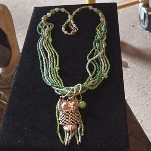 Green and White Beaded Owl Necklace